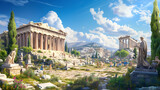 A bustling ancient Greek agora, filled with passionate philosophers engaged in intense debates, surrounded by exquisite marble statues.
