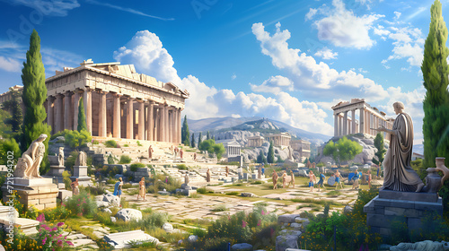 A bustling ancient Greek agora, filled with passionate philosophers engaged in intense debates, surrounded by exquisite marble statues. photo