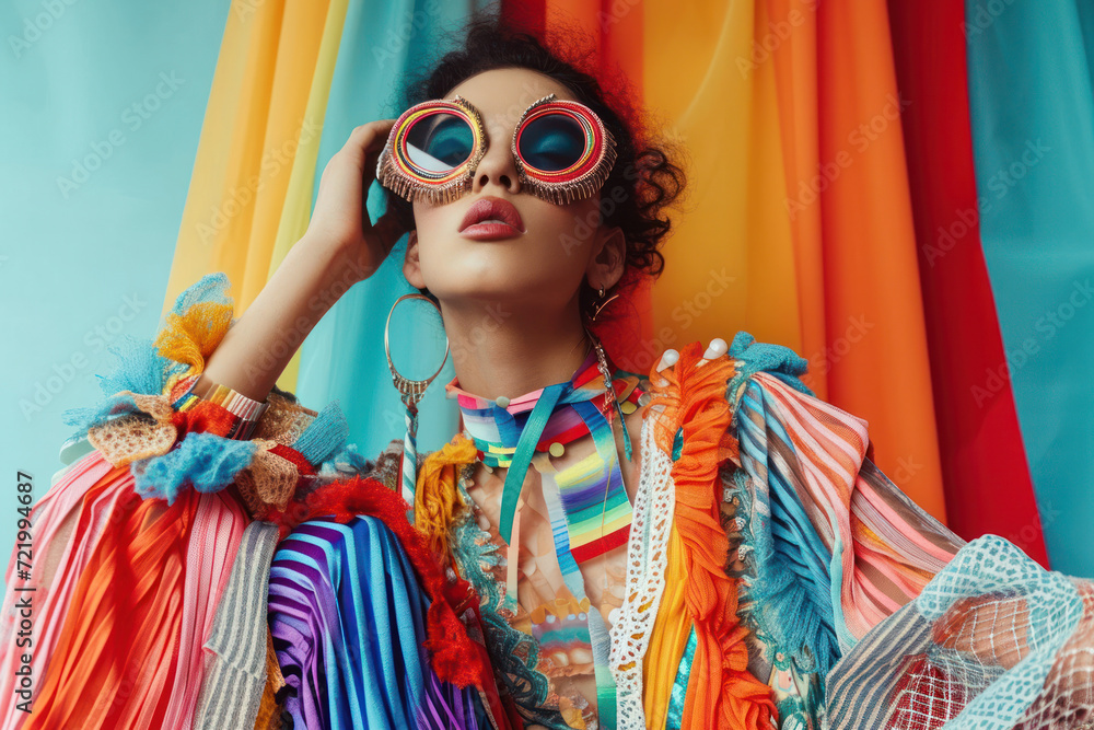 A fashion-forward model poses with bold, oversized sunglasses against a backdrop of vibrant, multicolored drapes, showcasing an eclectic and extravagant ensemble A fashion-forward model poses with bold, oversized sunglasses against a backdrop of vibrant, multicolored drapes, showcasing an eclectic and extravagant ensemble