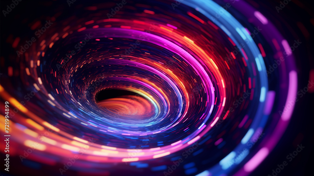 A spiral of colorful lights on a black background. Abstract swirling vibrant neon lights wallpaper. Futuristic header concept. A spiral of colorful lights on a black background. Abstract swirling vibrant neon lights wallpaper. Futuristic header concept.