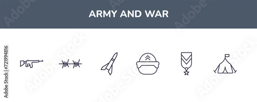 editable outline icons set. thin line icons from army and war collection. linear icons included backpack, barbed wire, launcher, military helmet, militar in, militar tent photo
