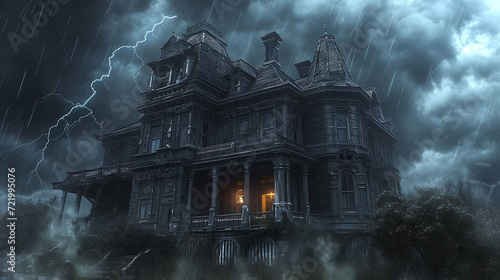 A chilling scene unfolds in a haunted Victorian mansion as thunder roars and rain cascades down. Ghostly figures eerily appear through misty windows, adding to the eerie ambiance of the night.
