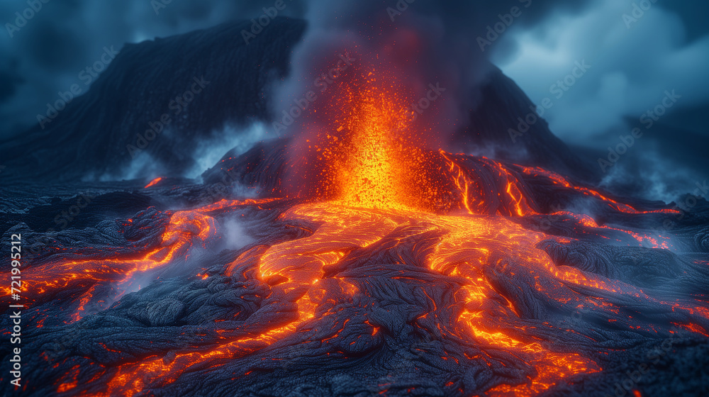 火山が爆発し、溶岩が溢れだす様子