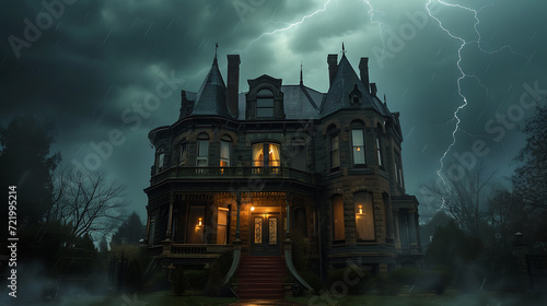 A chilling Victorian mansion, engulfed in a raging storm. Ghostly apparitions eerily seen through misty windows, creating a spine-chilling atmosphere. © stocker
