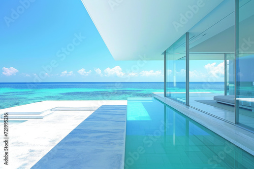 On the reef of a blue ocean there is a modern minimalist building. © imlane