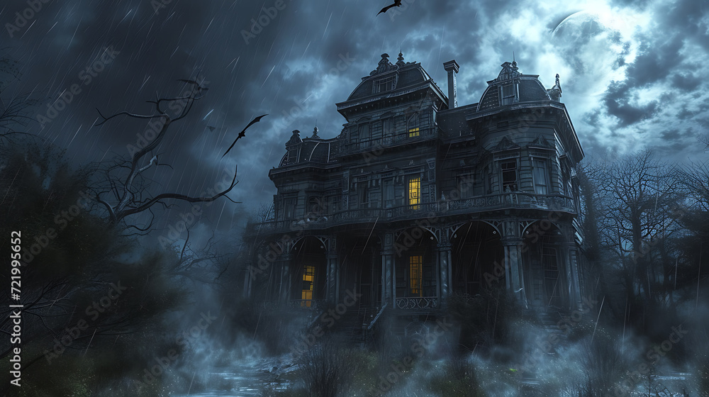 Fototapeta premium A chilling Victorian mansion, engulfed in a raging storm. Ghostly apparitions eerily seen through misty windows, creating a spine-chilling atmosphere.