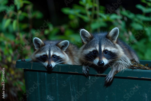Curious Raccoon Duo at Night. Two raccoons peer from a trash can in a twilight garden, a classic scene of urban wildlife