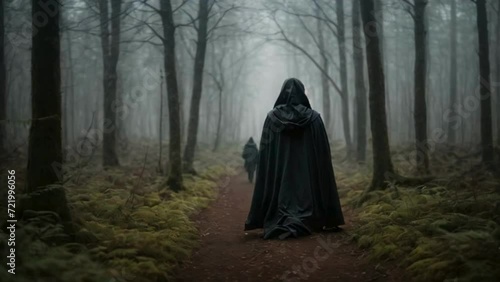 mysterious scary figure with a dark hood walking in the woods photo