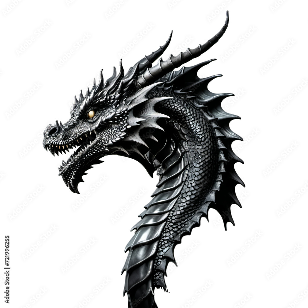 Detailed Illustration of a Fierce Black Dragon with Yellow Eyes, Sharp Teeth, and Spiky Scales Isolated on White Background or Transparent Background