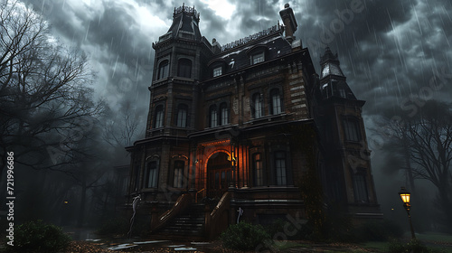 A chilling abandoned Victorian mansion with eerie ghosts peering through rain-streaked windows, emitting a bone-chilling atmosphere.