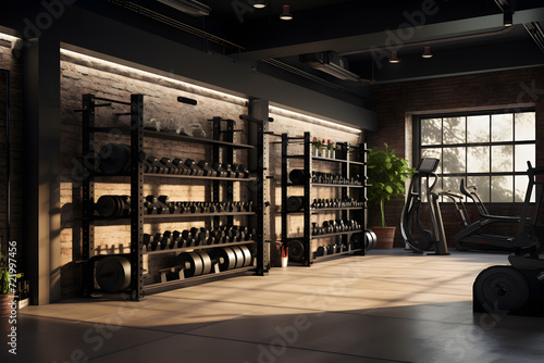 A gym with a wall of built-in adjustable shelving