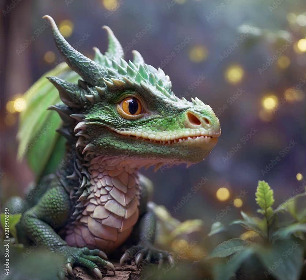 portrait of cute animation dragon kid with wings and horns. 2024 year chinise symbol. New year concept. AI generated