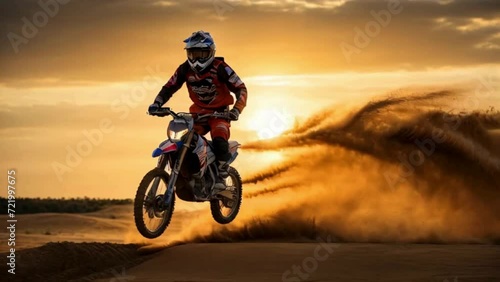 motocross rider jumping in the air at dirt track photo