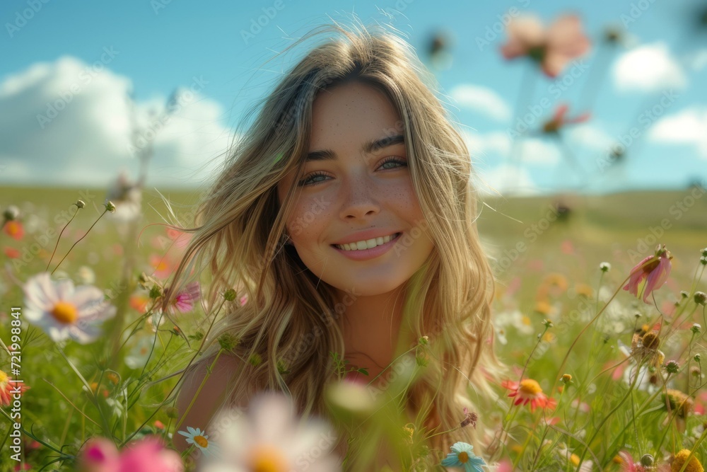 Close-up portrait of a smiling young woman in a field of flowers Close-up portrait of a smiling young woman in a field of flowers