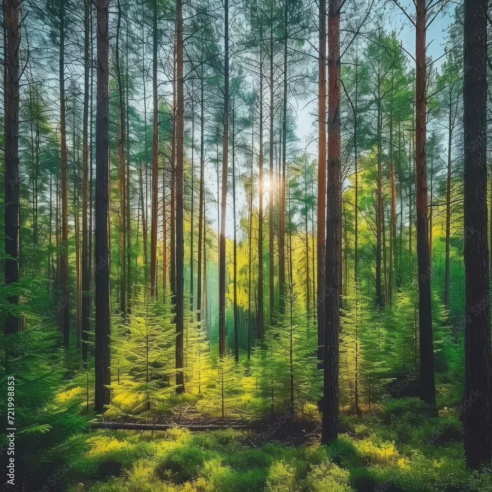 Pine Forest with Green Trees and Sunlight Pine Forest with Green Trees and Sunlight