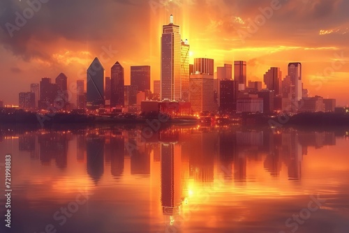 A stunning cityscape of downtown Dallas, Texas during sunset with a beautiful reflection on the water © Adobe Contributor