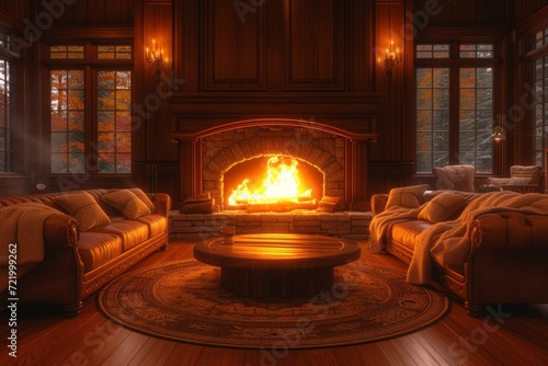 A cozy living room with a fireplace and two sofas