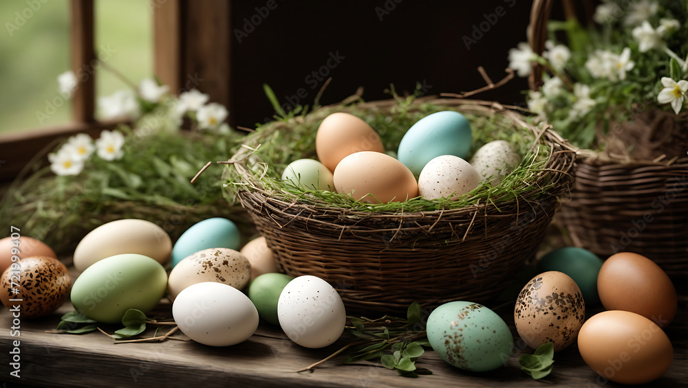 Wielkanocny Koszyk Pełen Jajek i Kwiatów - obrazy, fototapety, plakaty 
