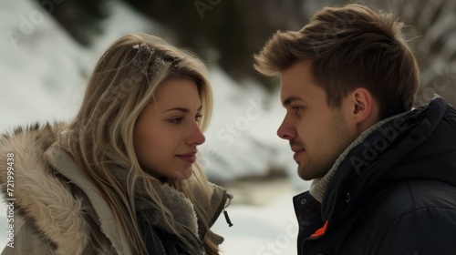 Young couple looking at each other in the snow