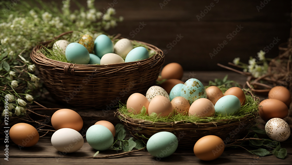 Wielkanocny Koszyk Pełen Jajek i Kwiatów - obrazy, fototapety, plakaty 