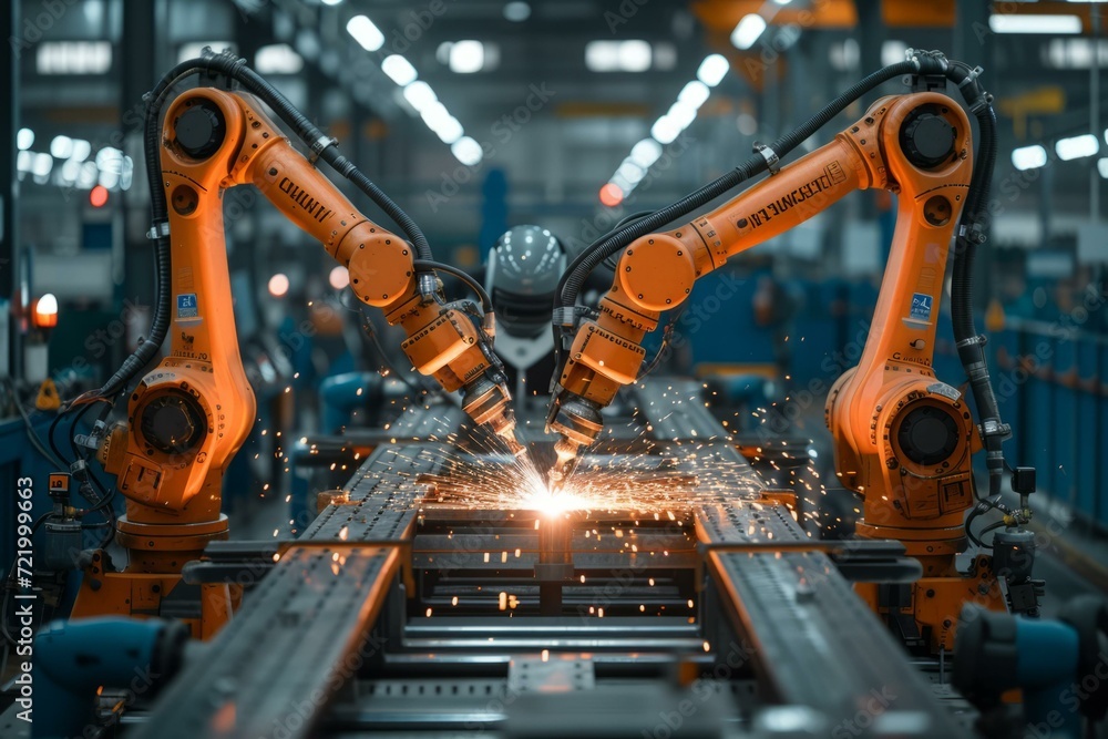 Industrial robots welding car parts in a factory Industrial robots welding car parts in a factory