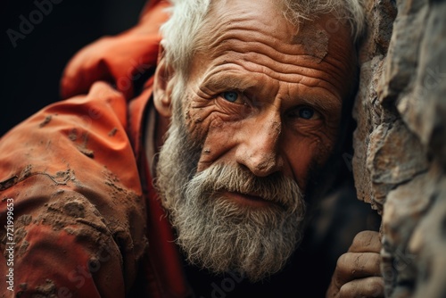 Captivating mountain portrait of a seasoned elderly man, embodying wisdom amid breathtaking landscapes