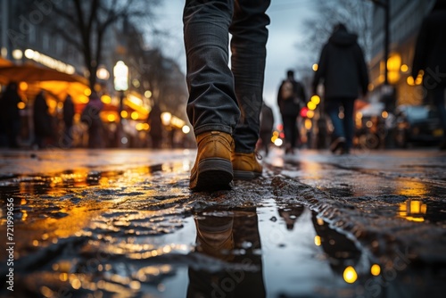 People's feet navigate city streets with puddles and slush from a unique bottom view