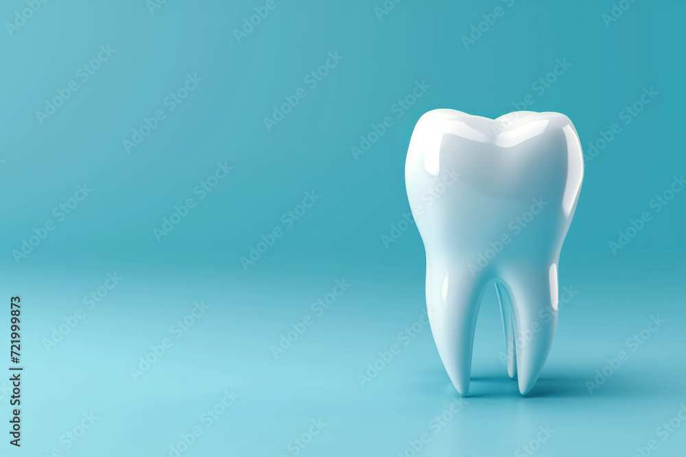 White tooth on blue background with copy space. Minimalistic design for advertising a dental clinic, orthodontist's business cards White tooth on blue background with copy space. Minimalistic design for advertising a dental clinic, orthodontist's business cards