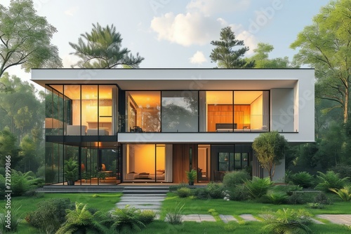 Modern Glass House with Green Landscape © Adobe Contributor