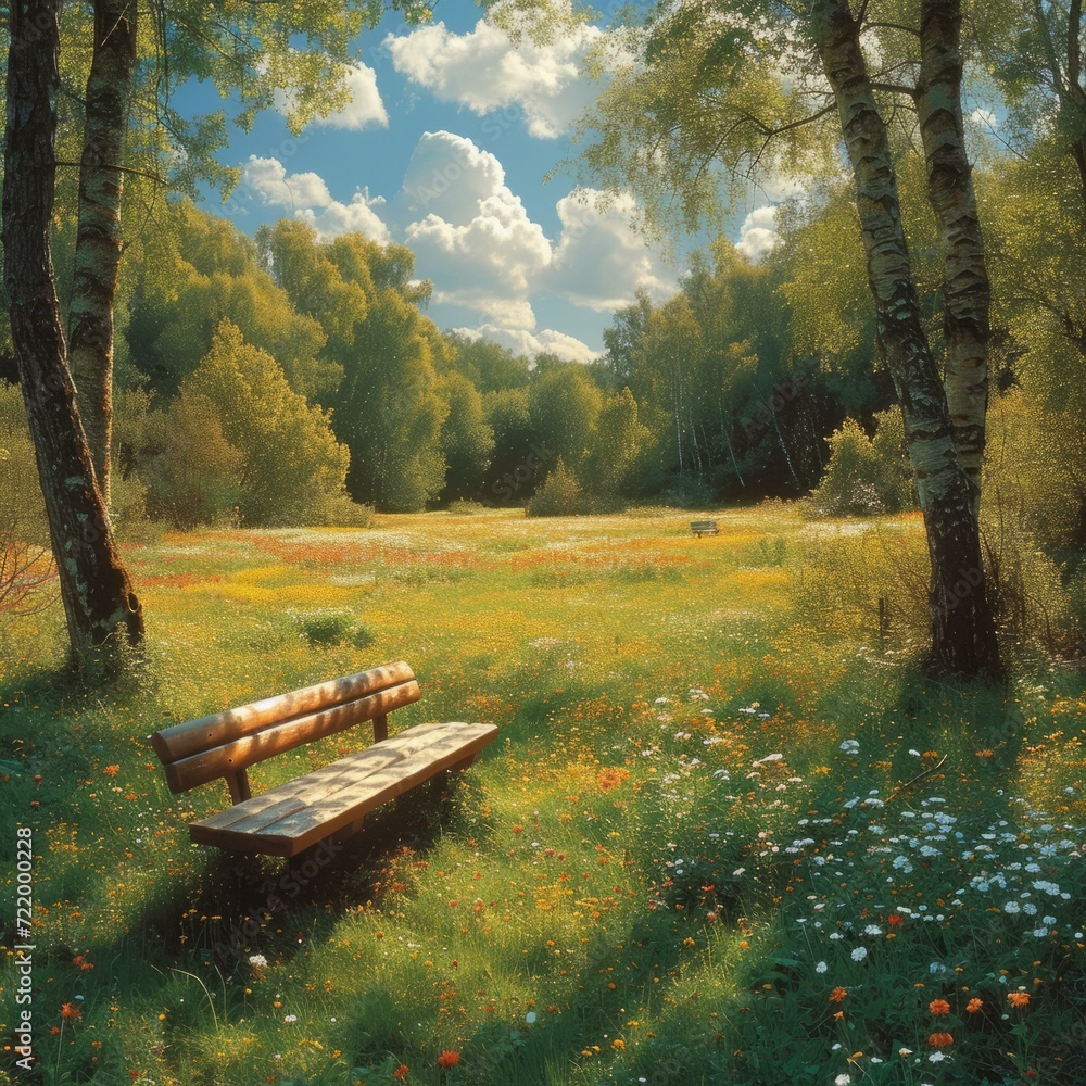 Bench in a summer meadow with flowers and trees