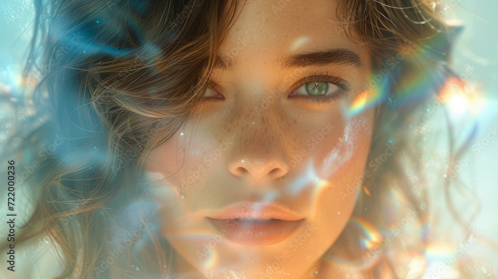Portrait of a young woman with green eyes and freckles on her face Portrait of a young woman with green eyes and freckles on her face