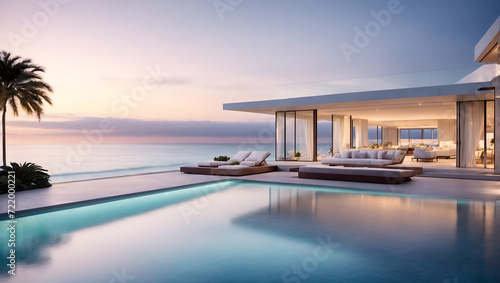Luksusowa willa z basenem z widokiem na morze o zachodzie słońca © MS