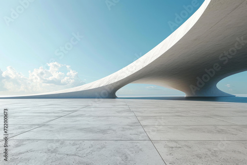 Empty concrete floor for car park. 3d rendering of abstract white curved building with blue sky background.