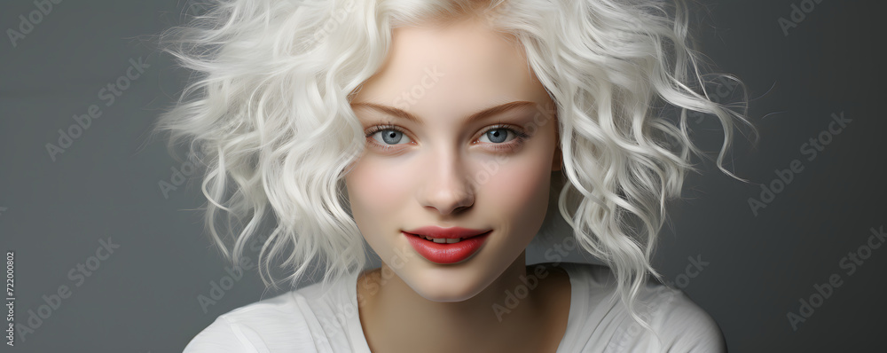 Beautiful Young Woman with White Hair and Wearing White Clothes
