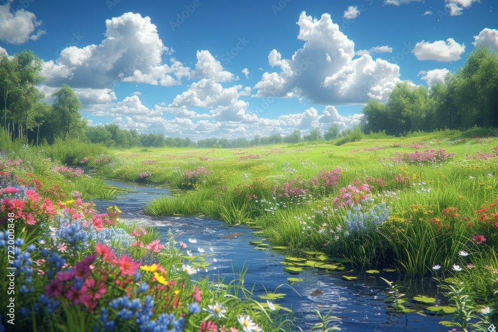 Small river flowing through a summer meadow