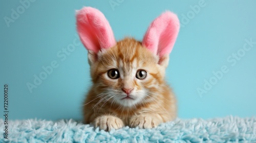 Kitten with Pink Bunny Ears on Teal