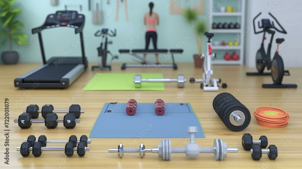Dumbbell and Barbell Weights with Exercise Equipment in a Home Gym