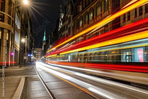 Light trails of a tram passing through a city street at night