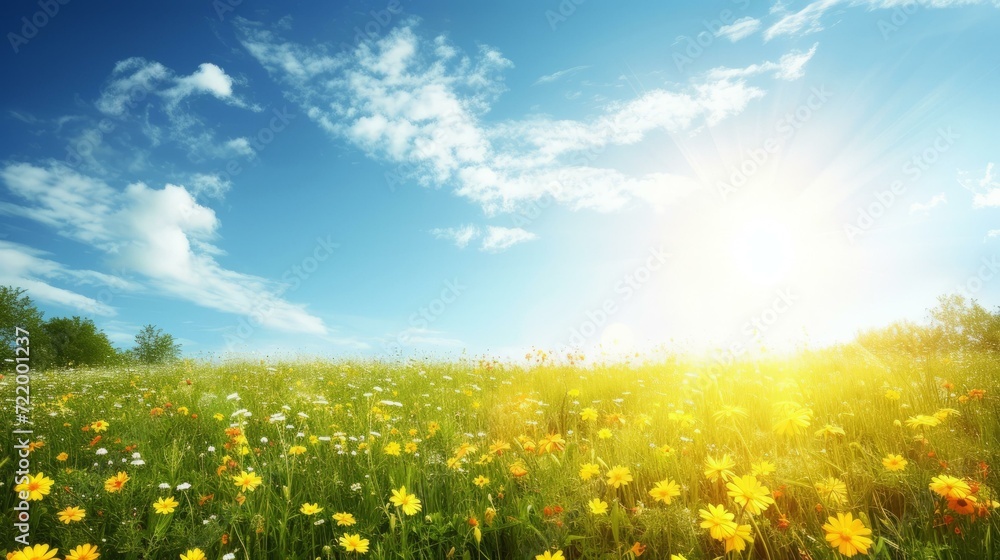 Field of yellow and white flowers under a blue sky with white clouds and a bright sun