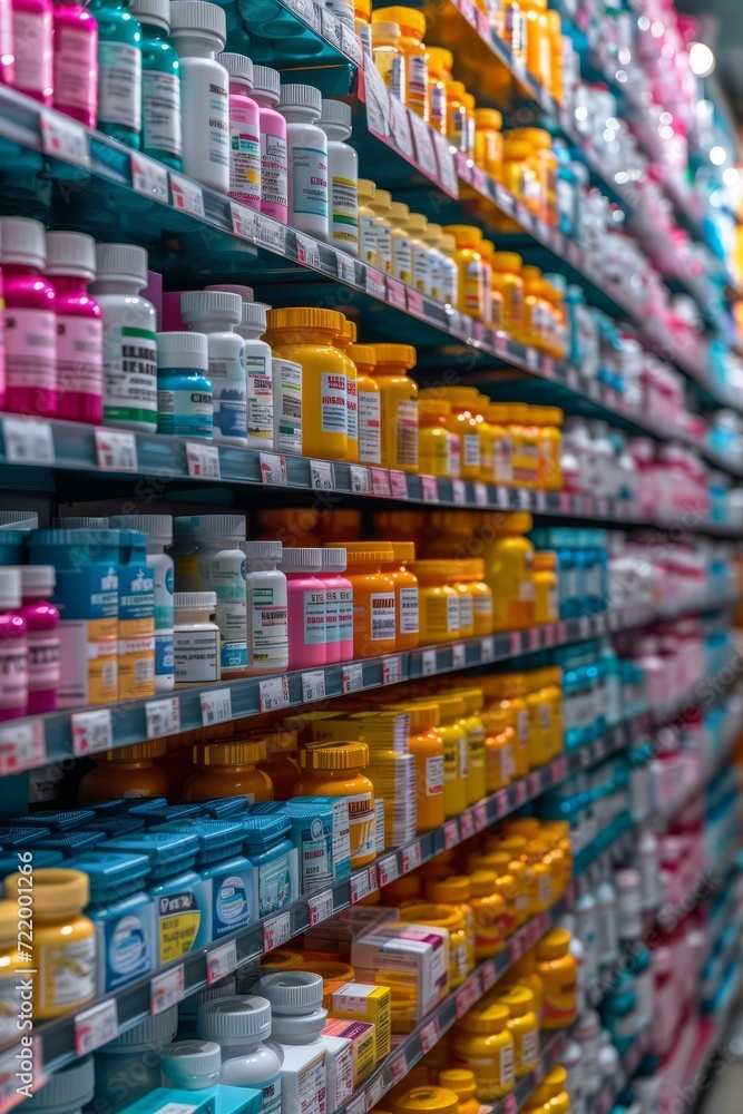 Close-up of colorful medicine bottles on shelves in a pharmacy