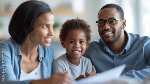Happy African American family of three sitting on couch and smiling at camera