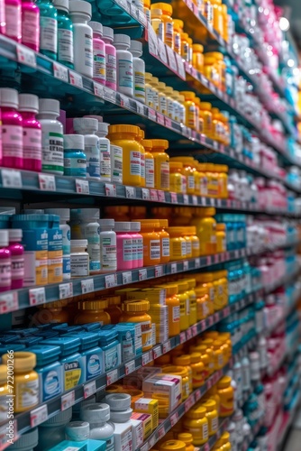 Wallpaper Mural Close-up of colorful medicine bottles on shelves in a pharmacy Torontodigital.ca