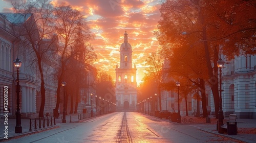An empty street scene with a beautiful sunrise and a church in the distance