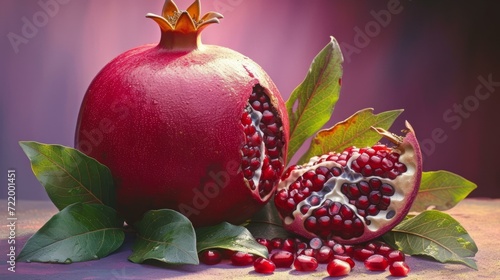 A pomegranate on a table with leaves and seeds photo