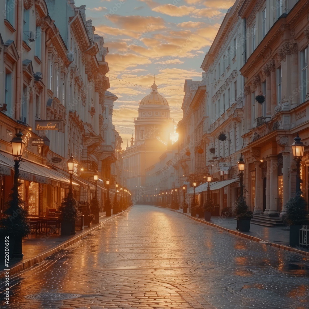 Stunning sunset over the historic buildings of Saint Petersburg, Russia