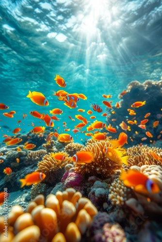A vibrant and colorful coral reef with a variety of fish swimming around © Adobe Contributor