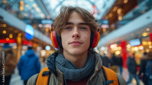 Portrait of a young male wearing headphones in a busy shopping mall