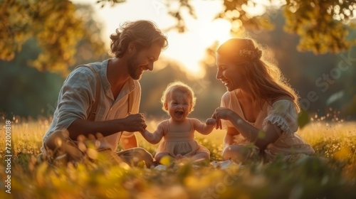 Happy family sitting on a meadow at sunset