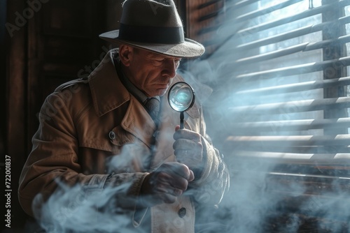 Film noir private investigator looking for clues with a magnifying glass in a smoky room