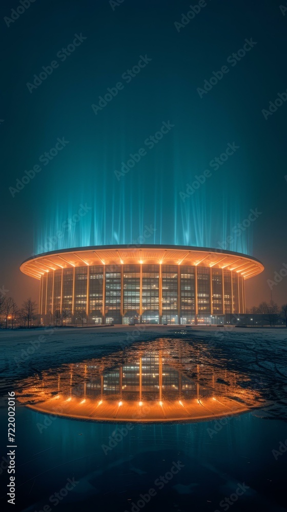 Blue and orange lights illuminate a large modern stadium at night with reflection on the ground